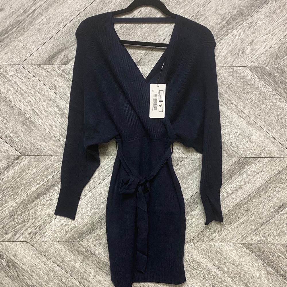 Navy V Neck Wrap Ribbed Cashmere Sweater Dress - Picture 5 of 7